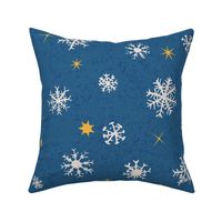 White hand-drawn snow flakes on smoky navy blue textured background 24 in