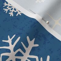 White hand-drawn snow flakes on smoky navy blue textured background 24 in
