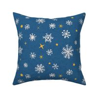 White hand-drawn snow flakes on smoky navy blue textured background 14 in