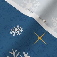 White hand-drawn snow flakes on smoky navy blue textured background 14 in