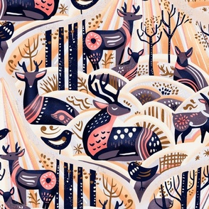 LARGE sunlit forest - golden winter hour - scene in woodland - Matisse inspired abstract deer 