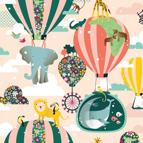 Flying Zoo Hot Air Balloon Childrens Wallpaper on Pale Peach