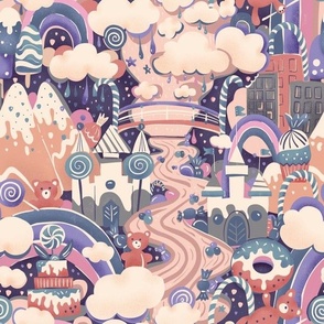Candy Land  with sugar clouds, popsicals, cream river, fluffy cakes and sweet castles- medium purple