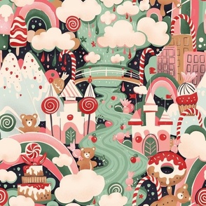 Candy Land  with sugar clouds, popsicals, cream river, fluffy cakes and sweet castles- medium christmas red and green