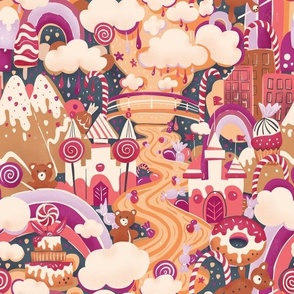 Candy Land  with sugar clouds, popsicals, cream river, fluffy cakes and sweet castles- medium yellow