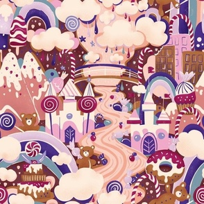 Candy Land  with sugar clouds, popsicals, cream river, fluffy cakes and sweet castles- medium purple