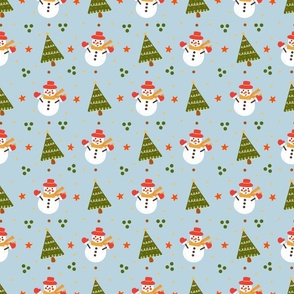 Small Merry and Bright Christmas Snowman and Christmas Trees on Powder Blue