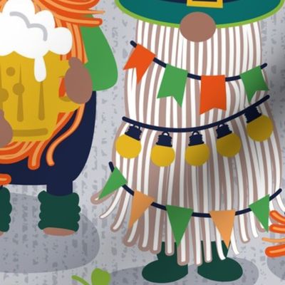 Large jumbo scale // Saint Patrick's gnomes // light grey background parade with green and orange gnomes Leprechaun shamrock four leaf clovers Irish Ireland folklore
