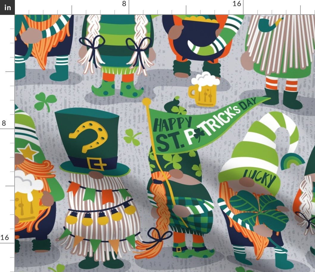 Large jumbo scale // Saint Patrick's gnomes // light grey background parade with green and orange gnomes Leprechaun shamrock four leaf clovers Irish Ireland folklore