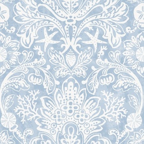 Spoonflower Damask with Seashells Icy Blue 