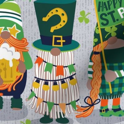 Normal scale // Saint Patrick's gnomes // light grey background parade with green and orange gnomes Leprechaun shamrock four leaf clovers Irish Ireland folklore