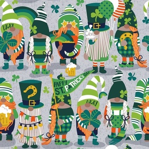 Normal scale // Saint Patrick's gnomes // light grey background parade with green and orange gnomes Leprechaun shamrock four leaf clovers Irish Ireland folklore