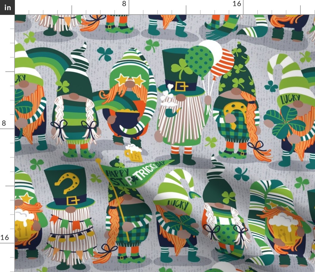 Normal scale // Saint Patrick's gnomes // light grey background parade with green and orange gnomes Leprechaun shamrock four leaf clovers Irish Ireland folklore