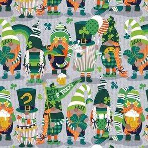 Small scale // Saint Patrick's gnomes // light grey background parade with green and orange gnomes Leprechaun shamrock four leaf clovers Irish Ireland folklore