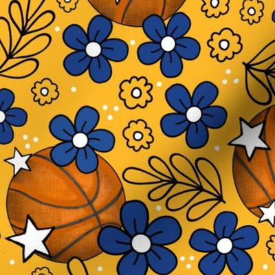 Large Scale Team Spirit Basketball Floral in Golden State Warriors Yellow and Royal Blue