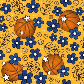 Large Scale Team Spirit Basketball Floral in Golden State Warriors Yellow and Royal Blue