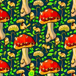 Green background and red mushrooms