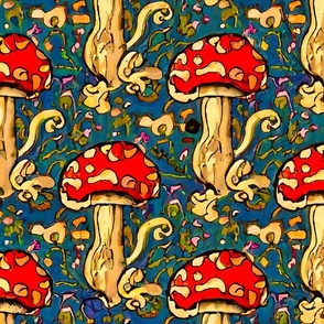 Bright red mushrooms green background