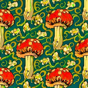Bright mushrooms with dots green background