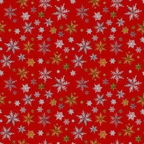 Silver and Gold Christmas Snowflakes on Red-Small