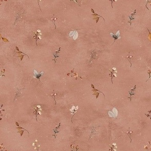 Textured plastered background with dainty watercolor flowers in muted terracotta orange