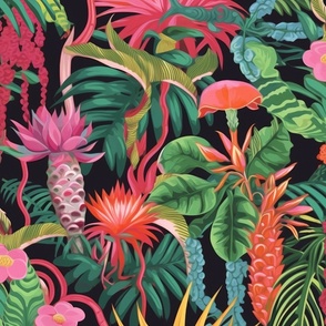 Surreal Tropical Botanical Exotic Jungle - Greens Pinks and Oranges on Black