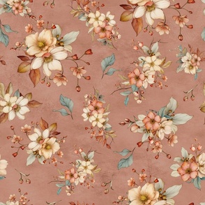 Textured plastered background with cottage flowers in muted terracotta orange 