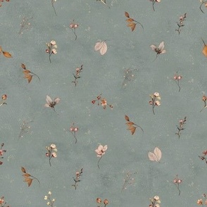 Textured plastered background with dainty watercolor flowers in muted sage green