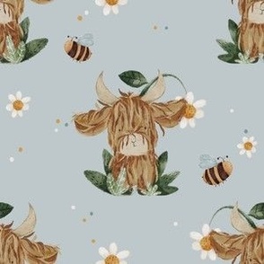 Highland Cow with Daisies and Bees (Blue)