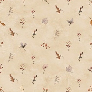 Textured plastered background with dainty watercolor flowers in muted yellow.  