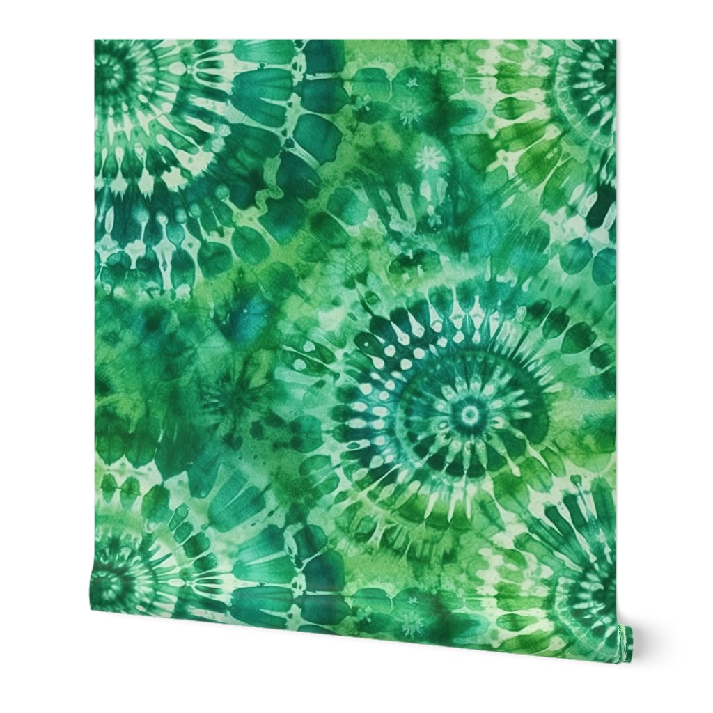 Jumbo Tie Dye Batik in Bright Green Circling Swirls on Teal