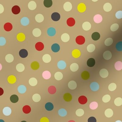 Festive Retro Polka Dots - Retro Christmas Collection - Poppy Red, Pink, Citrin, Olive, Teal on Dark Ivory BG - SPD Collab