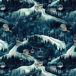 Vintage Ski Slope Cabins in Night Woods Blue