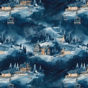 Charming vintage print of ski slope in blue at night
