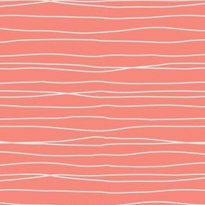 Minimal white wonky lines on coral pink, hand drawn stripes, SMALL, 3-4 lines per inch