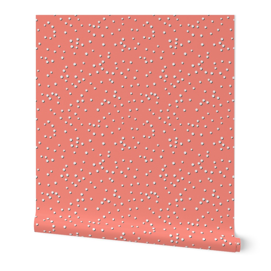 Tossed white swiss dots on coral pink, TINY, 1/8 inch dots