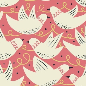 white pigeons on pink, abstract birds. Serenade collection