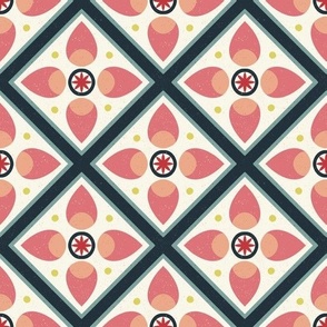 mosaic tiles, stylized florals, serenade collection. Pink and dark green