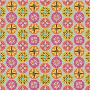Multicolored Mariner's Compass Quilt Block. Yellow, Pink, Orange. Small Scale