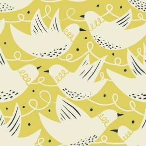 white pigeons on lemon yellow, abstract birds. Serenade collection