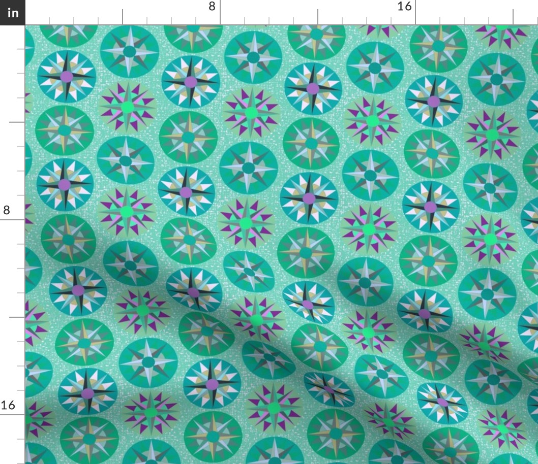 Multicolored Mariner's Compass Quilt Block. Green and Teal. Small Scale