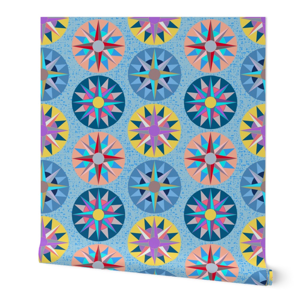 Multicolored Mariner's Compass Quilt Block. Blue Yellow. Small Scale