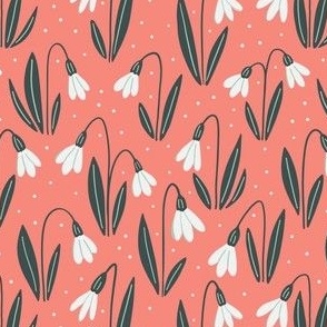 White snowdrop flowers on coral pink, 2 inch tall flowers, Scandinavian Minimalism, SMALL