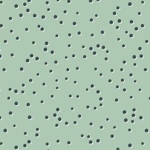 Tossed dark green swiss dots on sage green, TINY, 1/8 inch dots. Dotted swiss