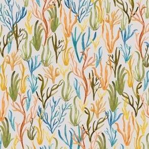 Hand Painted Watercolour Colourful Coral In Blue, Green, Orange And Yellow On Off White Medium