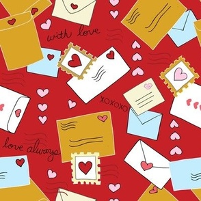 Love Letters, envelopes and stamps  on a red background