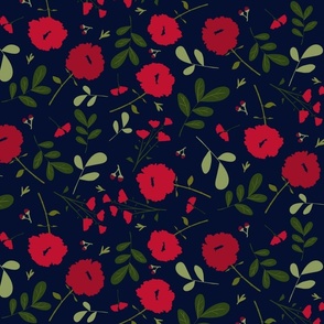 Blooms and leaves in holiday red with navy background