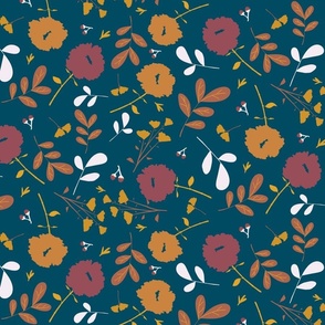 Blooms and leaves in autumn with denim background
