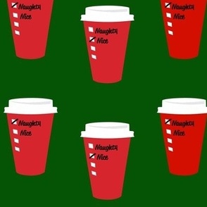 Red cup coffee of naughty and nice on dark green