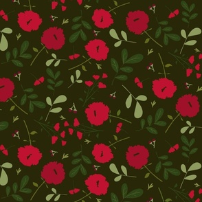 Blooms and leaves in holiday red with olive background